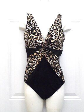 Miradonna by Miraclesuit leopard print/black colorblock one piece swimsuit sz 12